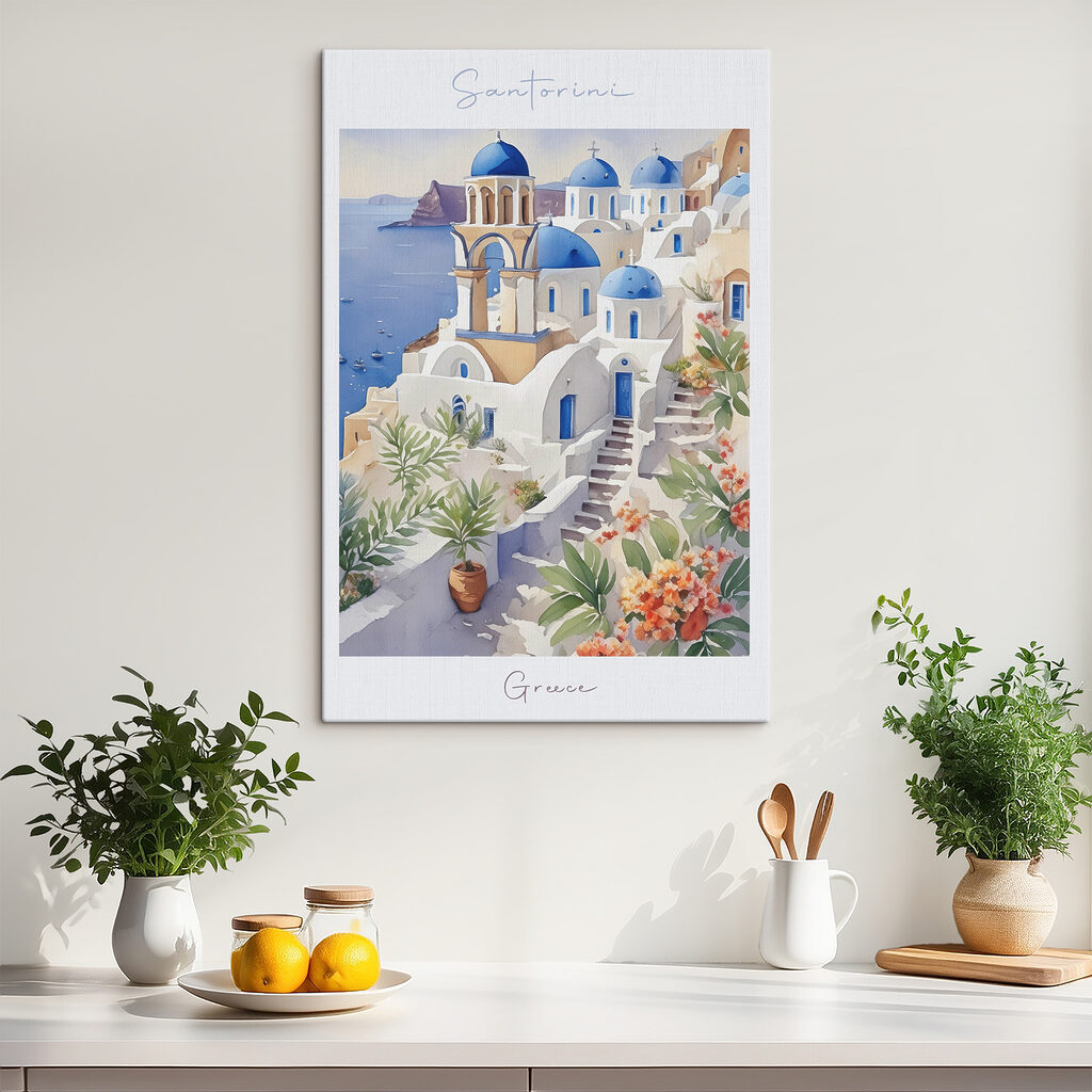 A painting of a white building with blue domes A painting of a white building with blue domes