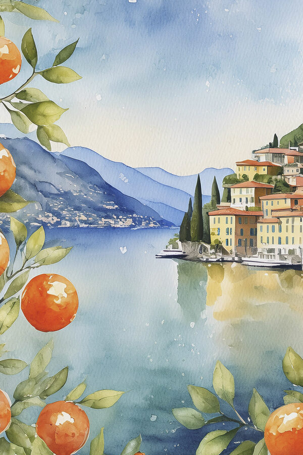 Aquarell einer Stadt an einem Gewässer Aquarell einer Stadt an einem Gewässer