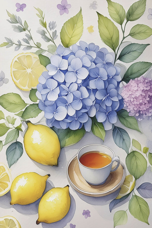 Ein Gemälde mit einer Tasse Tee und Zitronen Ein Gemälde mit einer Tasse Tee und Zitronen
