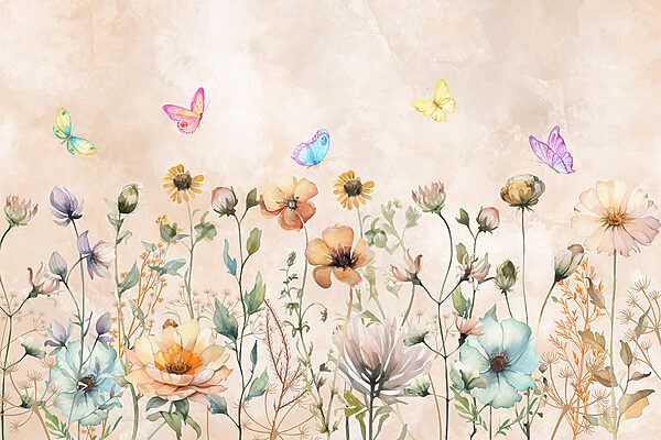 A painting of flowers and butterflies A painting of flowers and butterflies