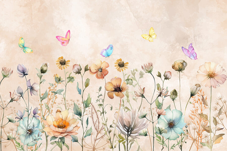 A painting of flowers and butterflies A painting of flowers and butterflies