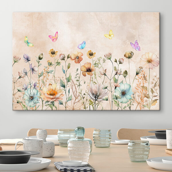 A painting of flowers and butterflies A painting of flowers and butterflies