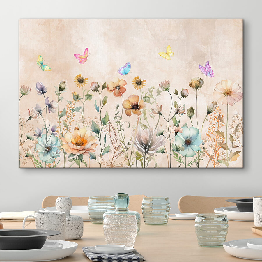 A painting of flowers and butterflies A painting of flowers and butterflies