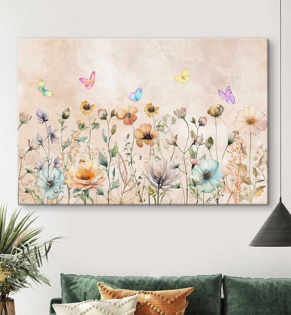 A painting of flowers and butterflies A painting of flowers and butterflies