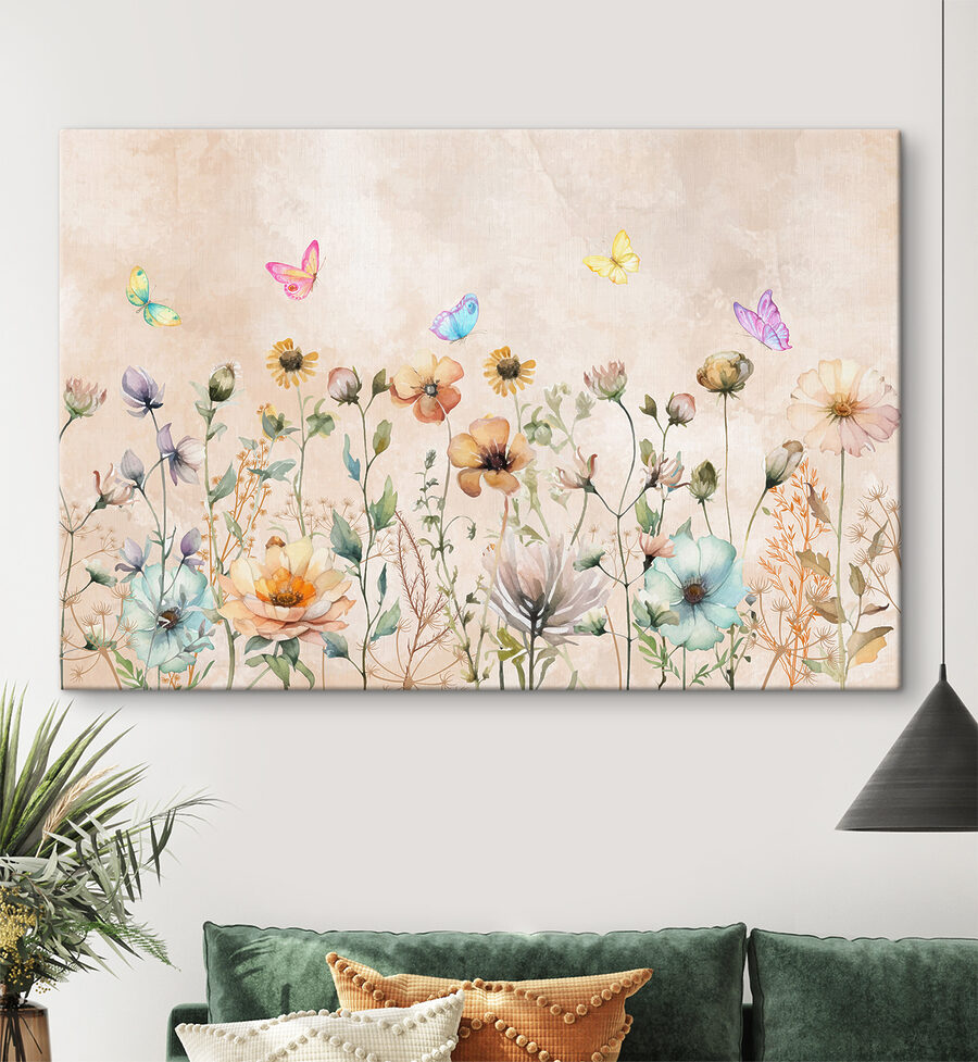 A painting of flowers and butterflies A painting of flowers and butterflies