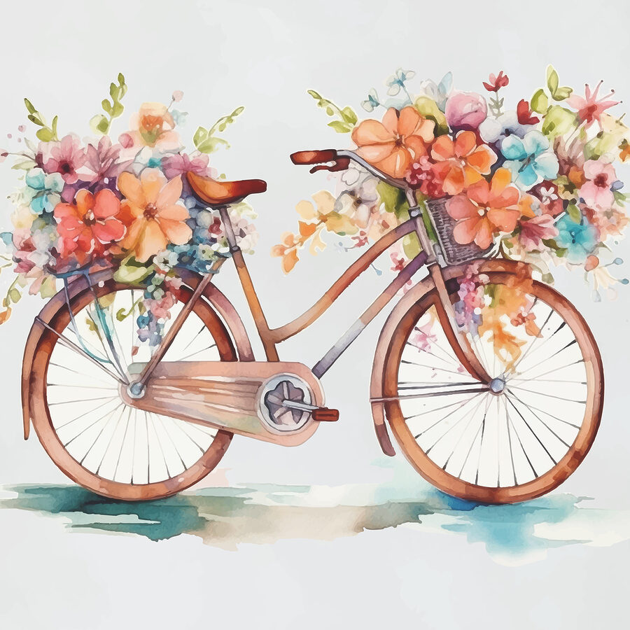 Ein Aquarell eines Fahrrads mit Blumen darauf