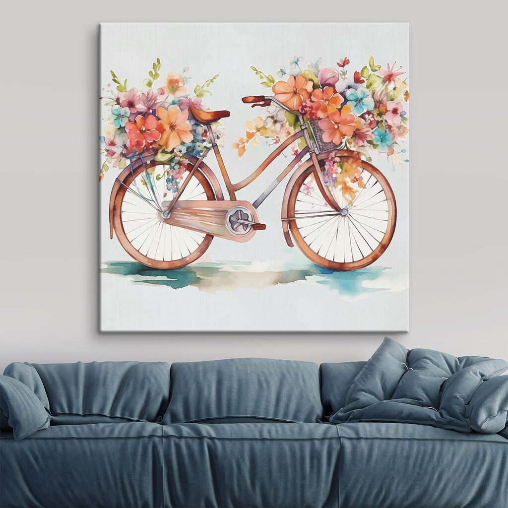 A watercolor painting of a bicycle with flowers on it A watercolor painting of a bicycle with flowers on it