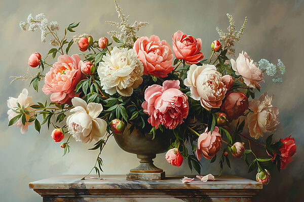 Eine Vase mit rosa und weißen Blumen Eine Vase mit rosa und weißen Blumen