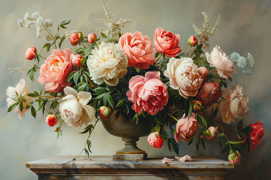Eine Vase mit rosa und weißen Blumen Eine Vase mit rosa und weißen Blumen