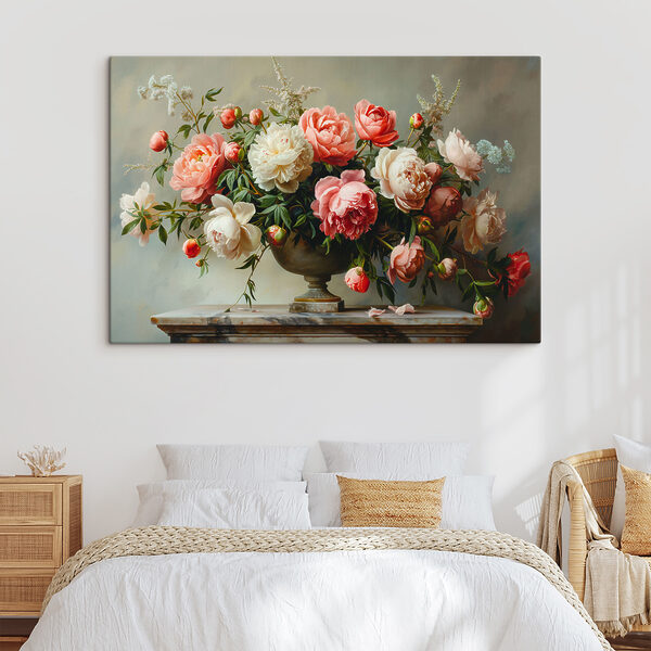 Eine Vase mit rosa und weißen Blumen Eine Vase mit rosa und weißen Blumen