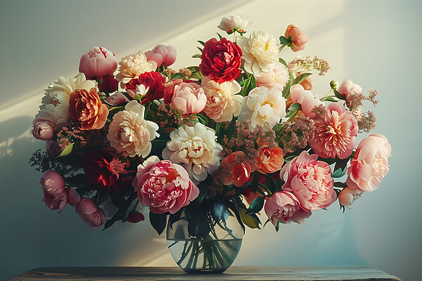 Eine Vase mit Blumen auf einem Tisch Eine Vase mit Blumen auf einem Tisch