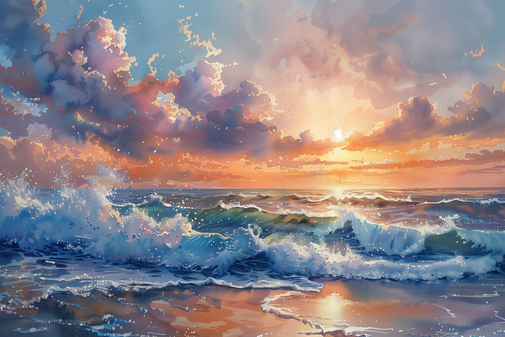 A painting of waves crashing on the beach A painting of waves crashing on the beach