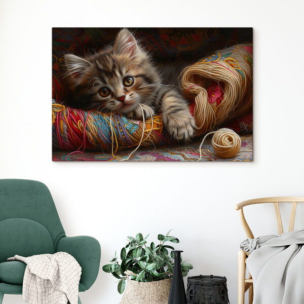 A cat lying on a ball of yarn