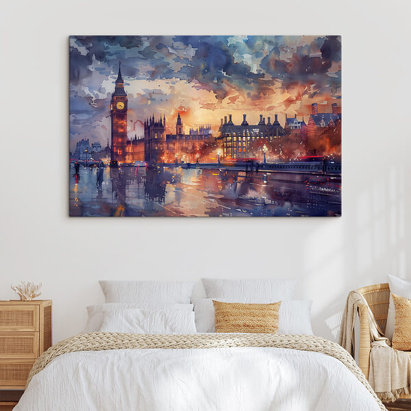 Aquarell einer Stadt mit einem Uhrenturm und einem Fluss Aquarell einer Stadt mit einem Uhrenturm und einem Fluss