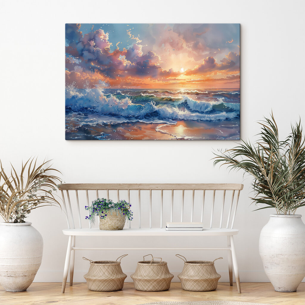 A painting of waves crashing on the beach A painting of waves crashing on the beach