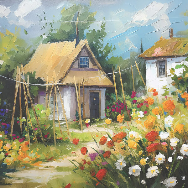 A painting of a house with flowers A painting of a house with flowers
