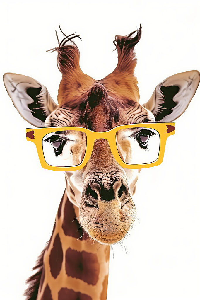A giraffe wearing yellow glasses