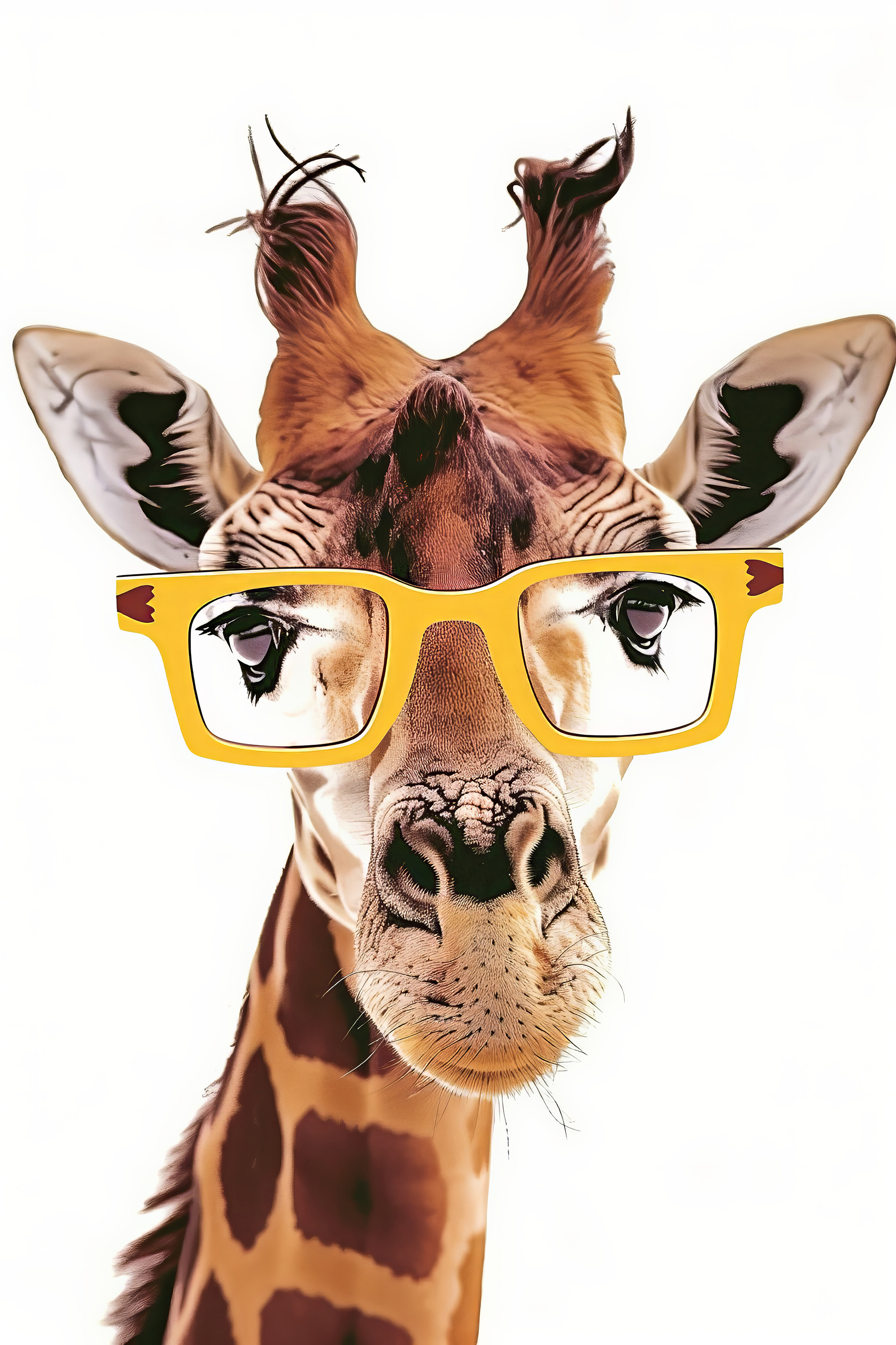 A giraffe wearing yellow glasses