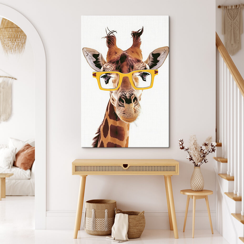 A giraffe wearing yellow glasses