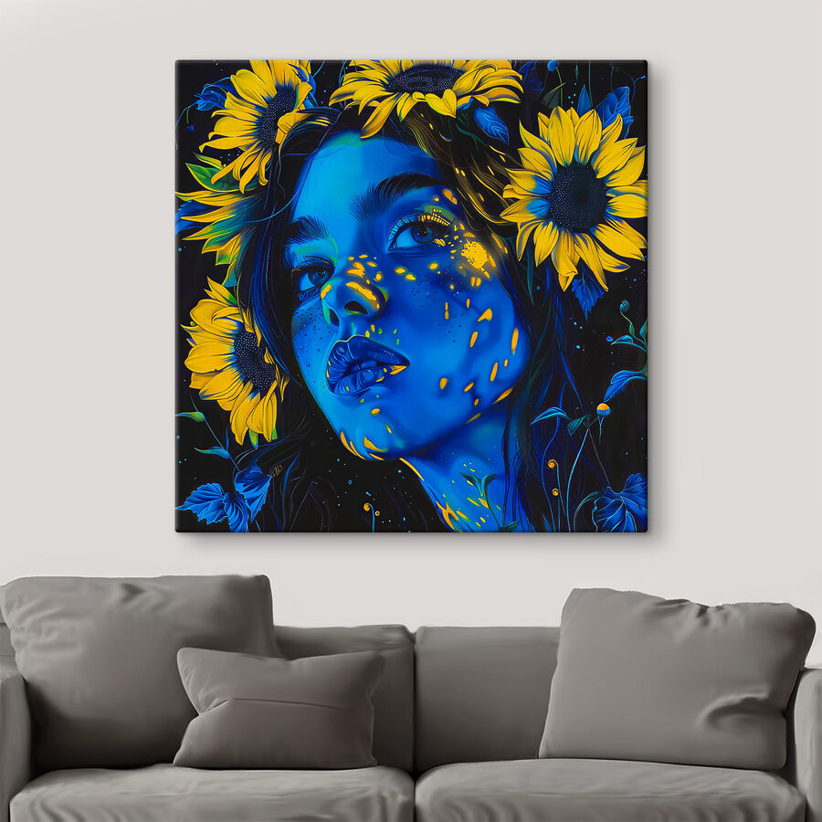 Eine Frau mit Sonnenblumen in ihrem Haar