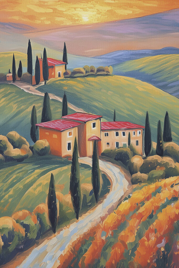 A painting of a house on a hill