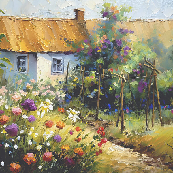 Ein Gemälde mit einem Haus und Blumen Ein Gemälde mit einem Haus und Blumen