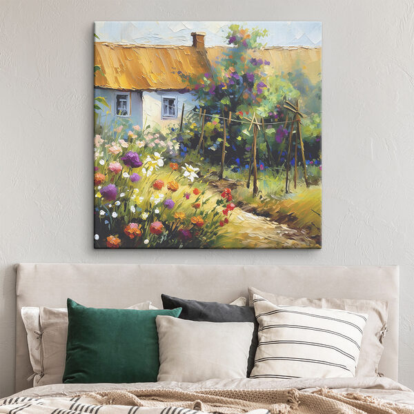 Ein Gemälde mit einem Haus und Blumen Ein Gemälde mit einem Haus und Blumen