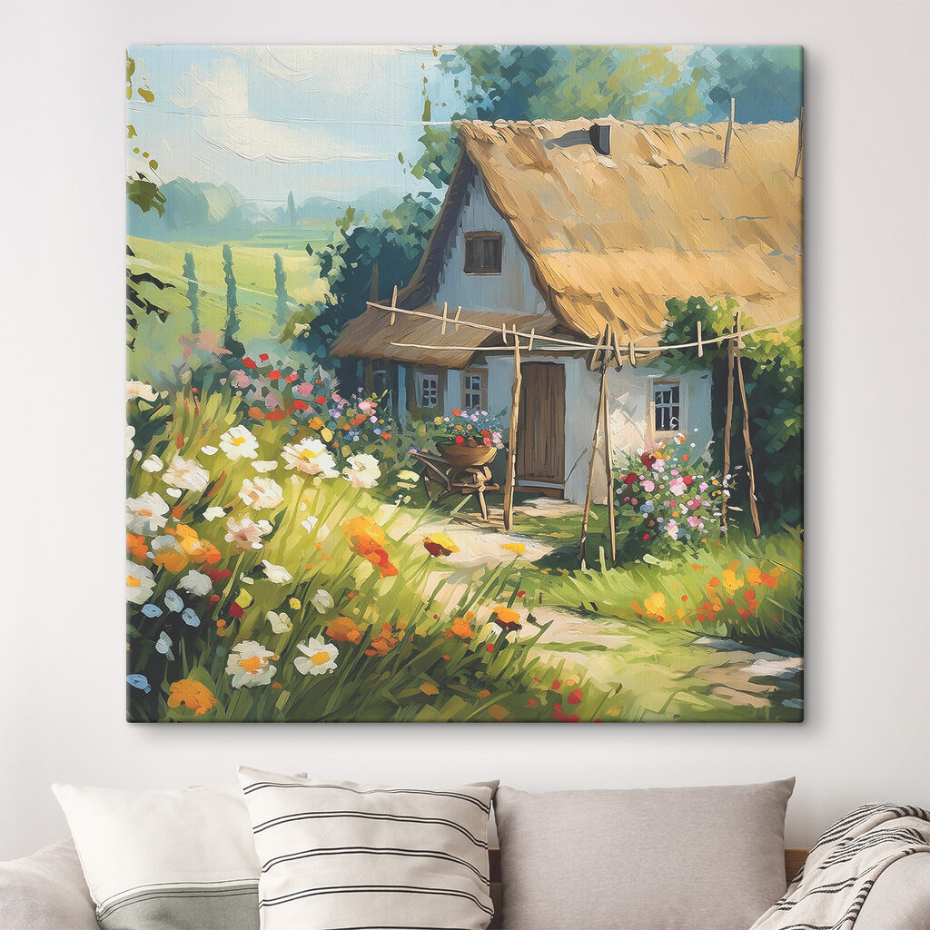 A painting of a house with flowers and plants