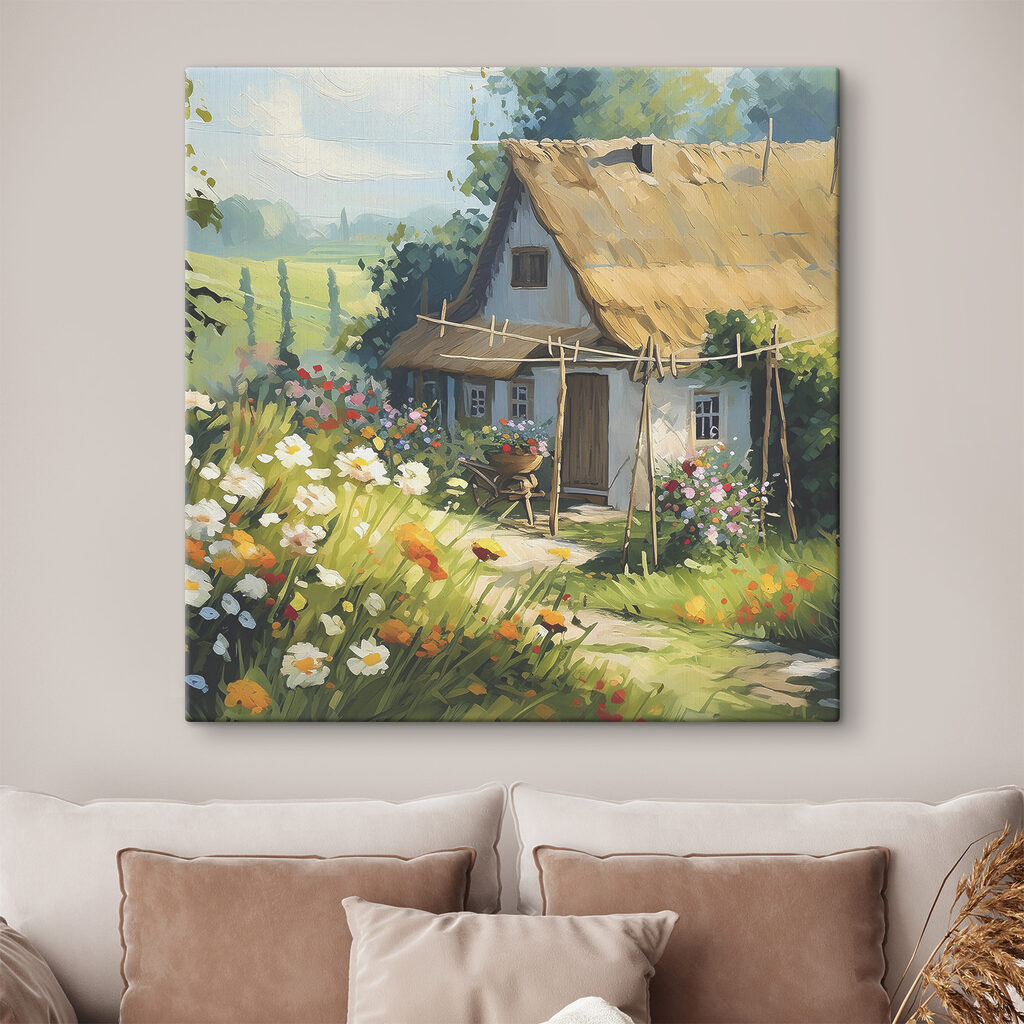 A painting of a house with flowers and plants