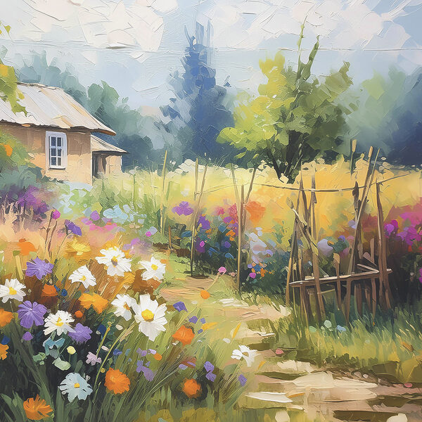 Ein Gemälde mit einem Haus und Blumen Ein Gemälde mit einem Haus und Blumen
