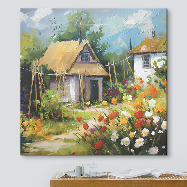 A painting of a house with flowers A painting of a house with flowers