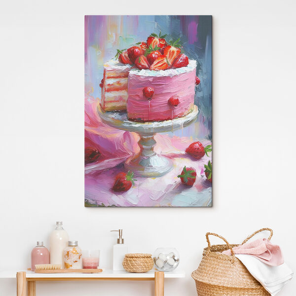 Ein Gemälde eines Kuchens mit Erdbeeren oben drauf Ein Gemälde eines Kuchens mit Erdbeeren oben drauf