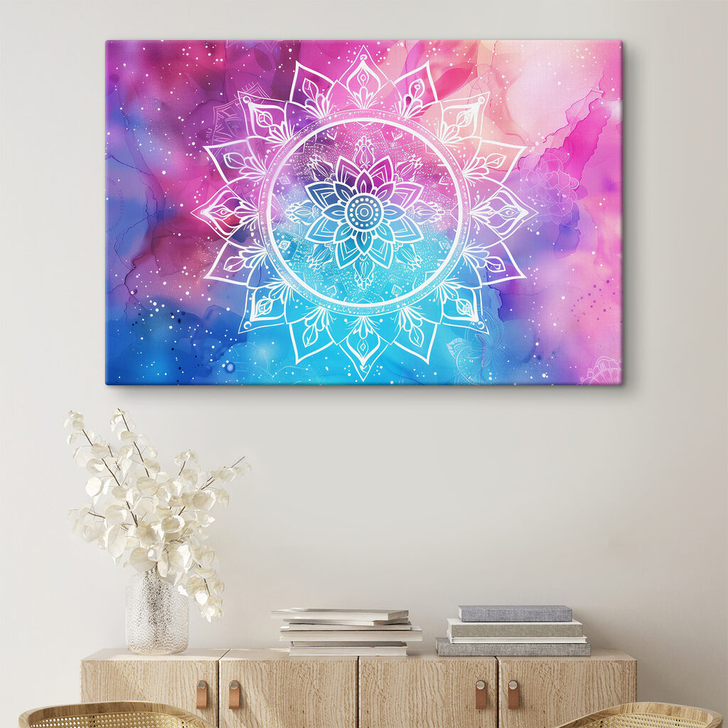 A white mandala on a colorful background