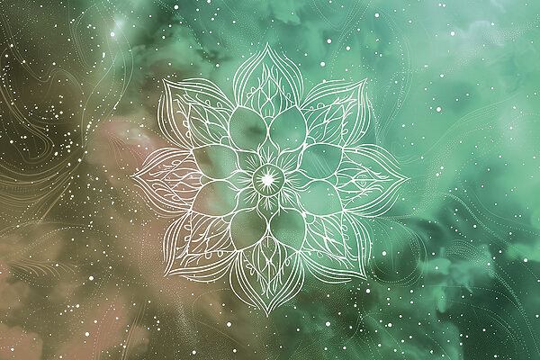 Ein weißes Mandala auf grünem und blauem Hintergrund Ein weißes Mandala auf grünem und blauem Hintergrund