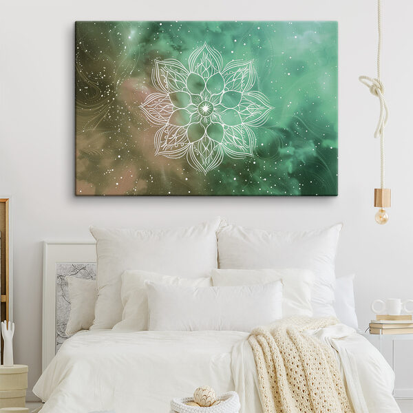 Ein weißes Mandala auf grünem und blauem Hintergrund Ein weißes Mandala auf grünem und blauem Hintergrund