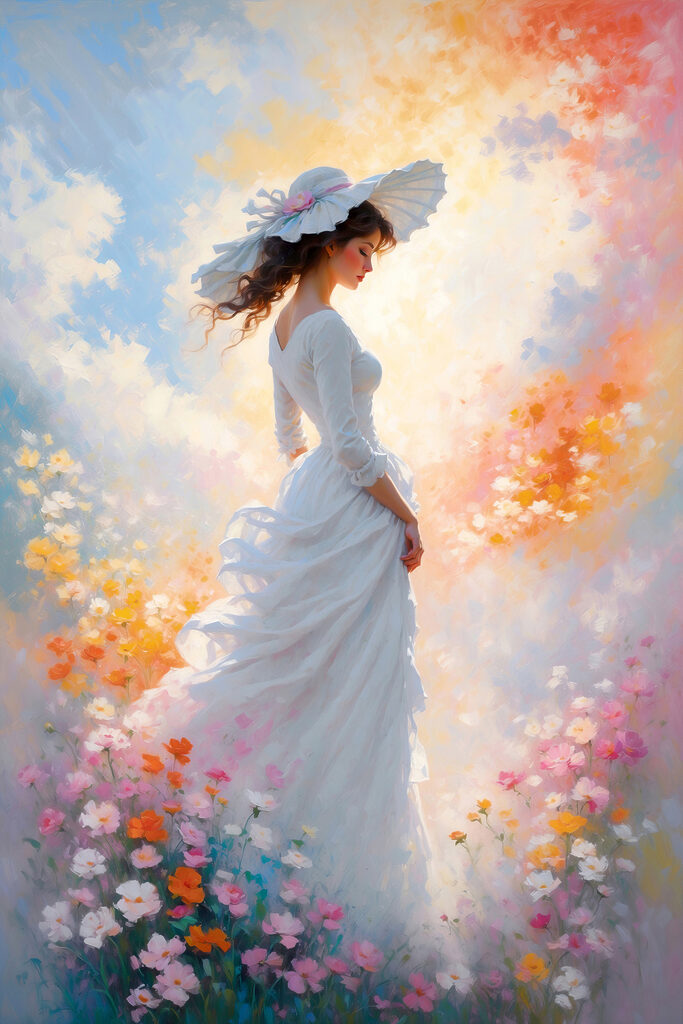 A woman in a white dress and hat