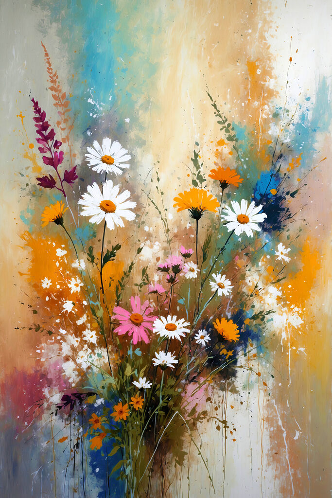 A painting of flowers and leaves