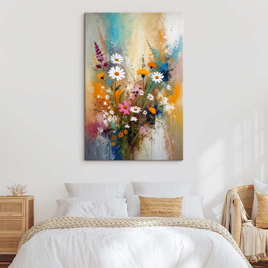 A painting of flowers and leaves