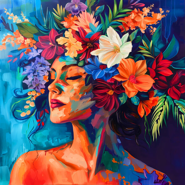 Ein Gemälde einer Frau mit Blumen im Haar Ein Gemälde einer Frau mit Blumen im Haar
