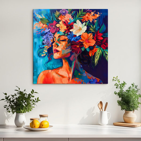 Ein Gemälde einer Frau mit Blumen im Haar Ein Gemälde einer Frau mit Blumen im Haar