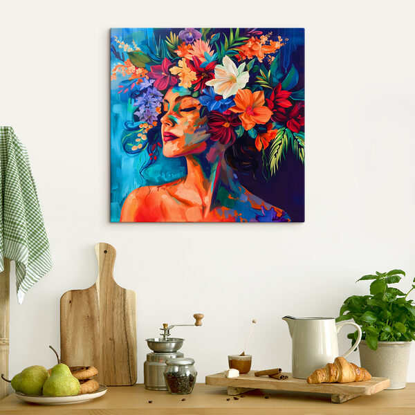 Ein Gemälde einer Frau mit Blumen im Haar Ein Gemälde einer Frau mit Blumen im Haar