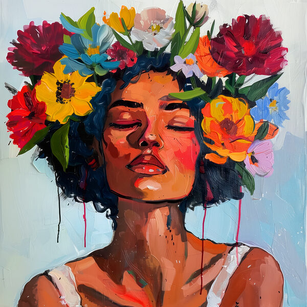 Ein Gemälde einer Frau mit Blumen im Haar Ein Gemälde einer Frau mit Blumen im Haar