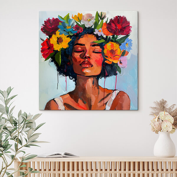 Ein Gemälde einer Frau mit Blumen im Haar Ein Gemälde einer Frau mit Blumen im Haar