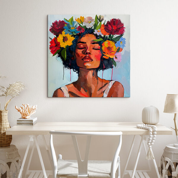 Ein Gemälde einer Frau mit Blumen im Haar Ein Gemälde einer Frau mit Blumen im Haar