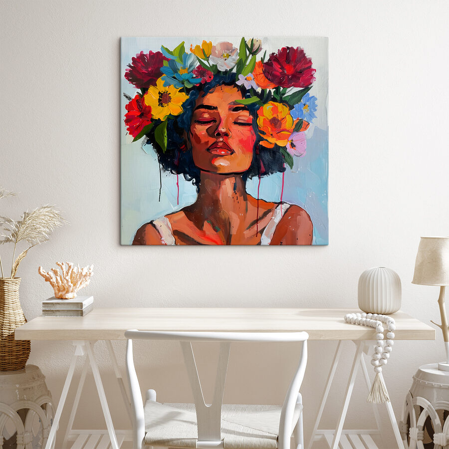 Ein Gemälde einer Frau mit Blumen im Haar Ein Gemälde einer Frau mit Blumen im Haar