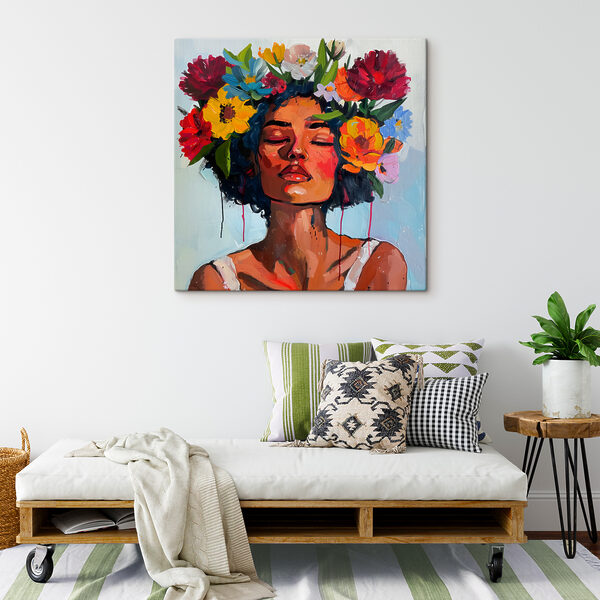 Ein Gemälde einer Frau mit Blumen im Haar Ein Gemälde einer Frau mit Blumen im Haar