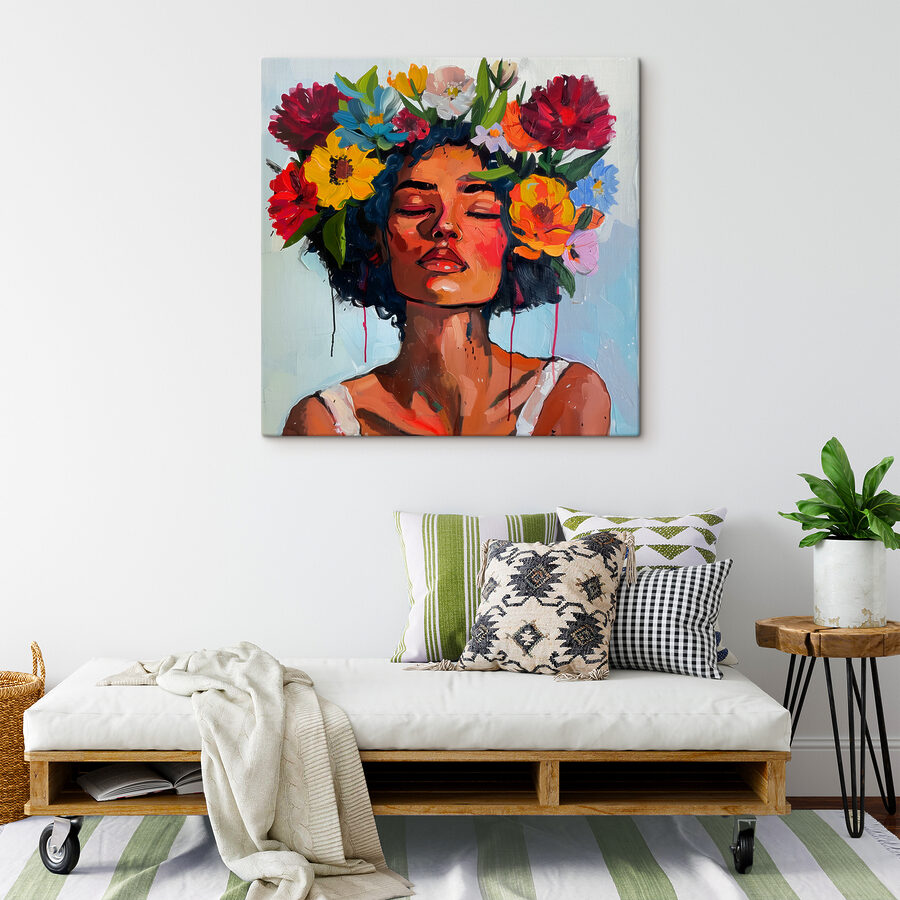 Ein Gemälde einer Frau mit Blumen im Haar Ein Gemälde einer Frau mit Blumen im Haar
