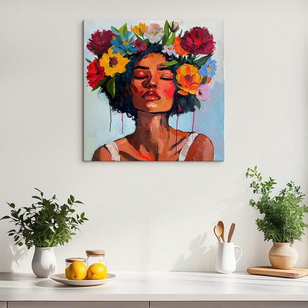 Ein Gemälde einer Frau mit Blumen im Haar Ein Gemälde einer Frau mit Blumen im Haar