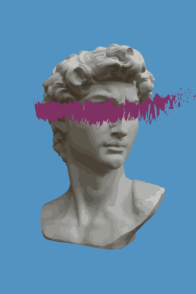 A statue of a man with a purple line A statue of a man with a purple line
