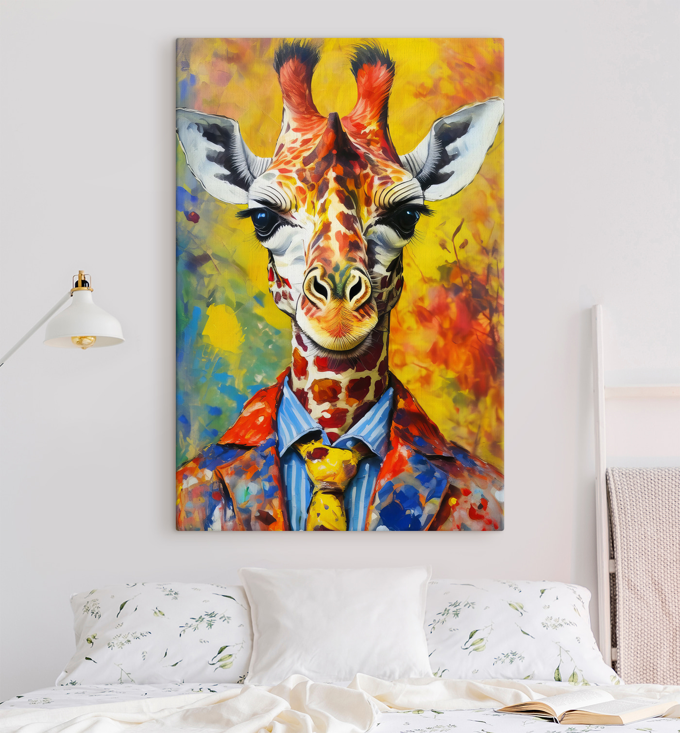 A painting of a giraffe wearing a shirt